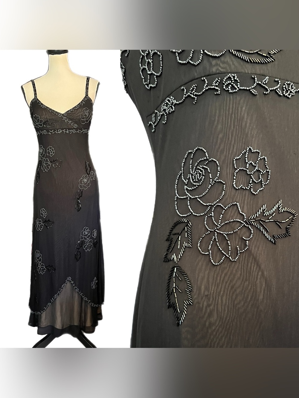 Vintage Cache Sheer Mesh Beaded Floral Formal Slip Dress